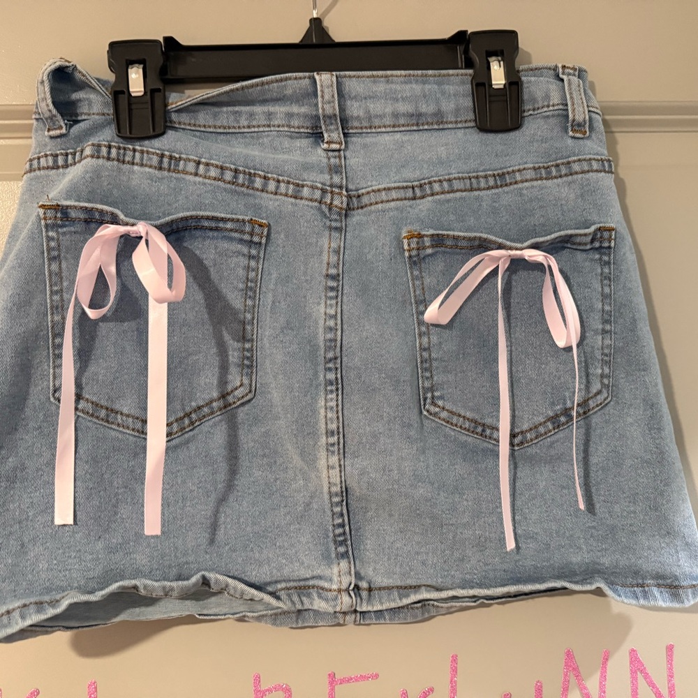 Denim Mini Skirt with Pink Bow Accents
